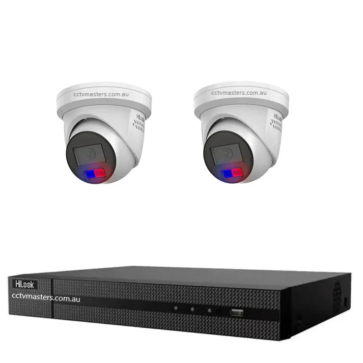 HiLook 8MP Kit 2 x Camera, All in One Camera with Blue Red Strobe Audio with 4CH NVR