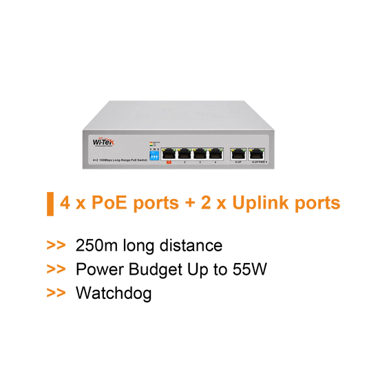 Wi-Tek 4FE + 2FE Uplink Ports 250M Long Range PoE Switch with 4PoE Port