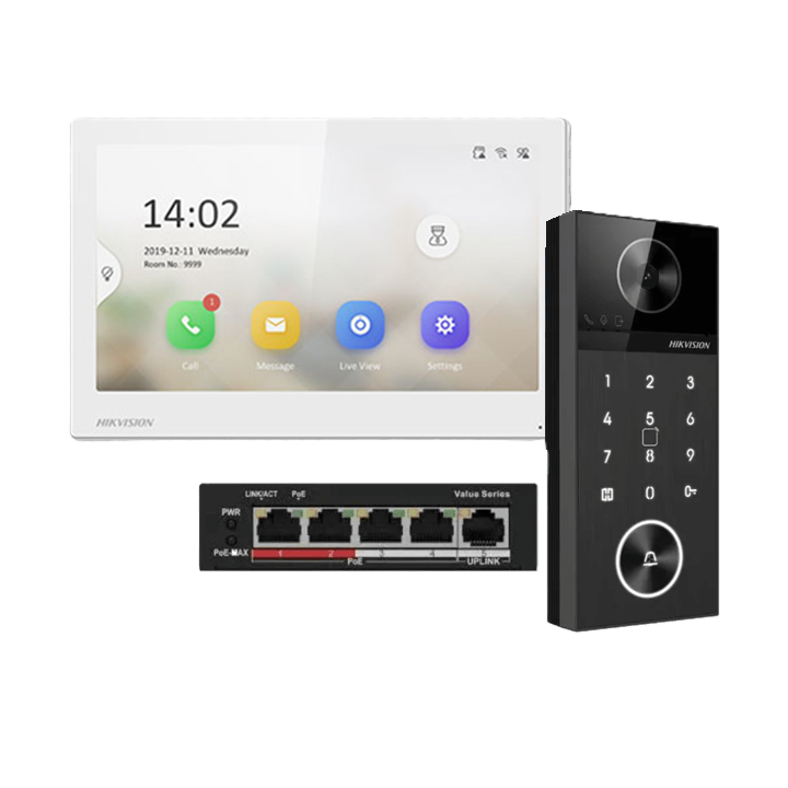 Hikvision DS-KH6350-WTE1 7" Video Intercom Kit with 4MP Door Station with Keypad + PoE Switch