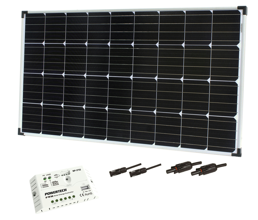 Solar Panel Kit, 1 x 170W Solar Panel, 1 x 20A PWM Charge Controller, 1 x PV Negative and 1 x PV Positive Connector