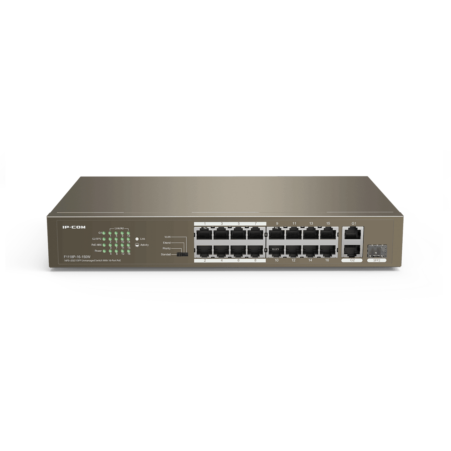 IP-COM 16 Port Switch 150W PoE Budget 16x PoE+ Plus 1x 1G SFP/ Fibre Port 2x1G Uplink