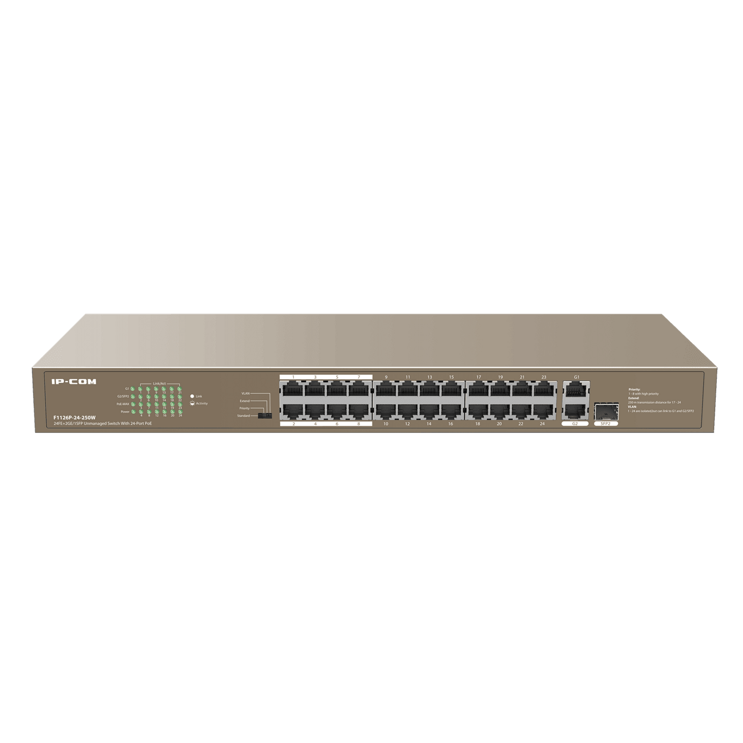 IP-COM 24 Port (26P) Switch 230W PoE Budget 24x PoE+ Plus 1x 1G SFP/ Fibre Port 2x1G Uplink Combo L2 Unmanaged