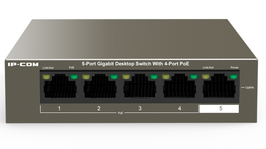 IP-COM 5 Port Gigbit Switch 58W PoE Budget 4x PoE+ L2 Unmanaged Brown 240VAC/51VDC
