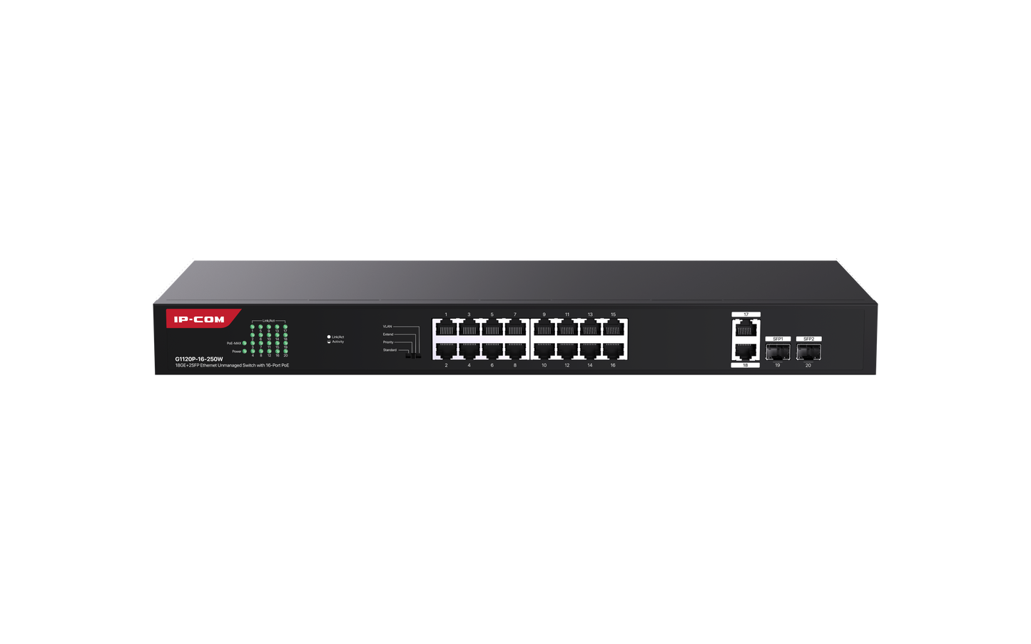 IP-COM 16 Port (20P) Gigabit Switch 230W PoE Budget 16x PoE+ Plus 2x 1G SFP/ Fibre Port 2x1G Uplink L2 Unmanaged