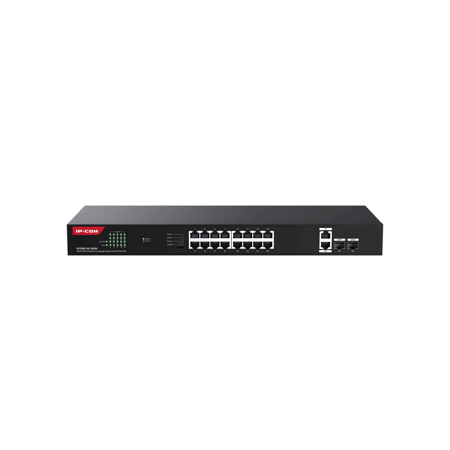 IP-COM 16 Port (20P) Gigabit Switch 230W PoE Budget 16x PoE+ Plus 2x 1G SFP/ Fibre Port 2x1G Uplink L2 Unmanaged