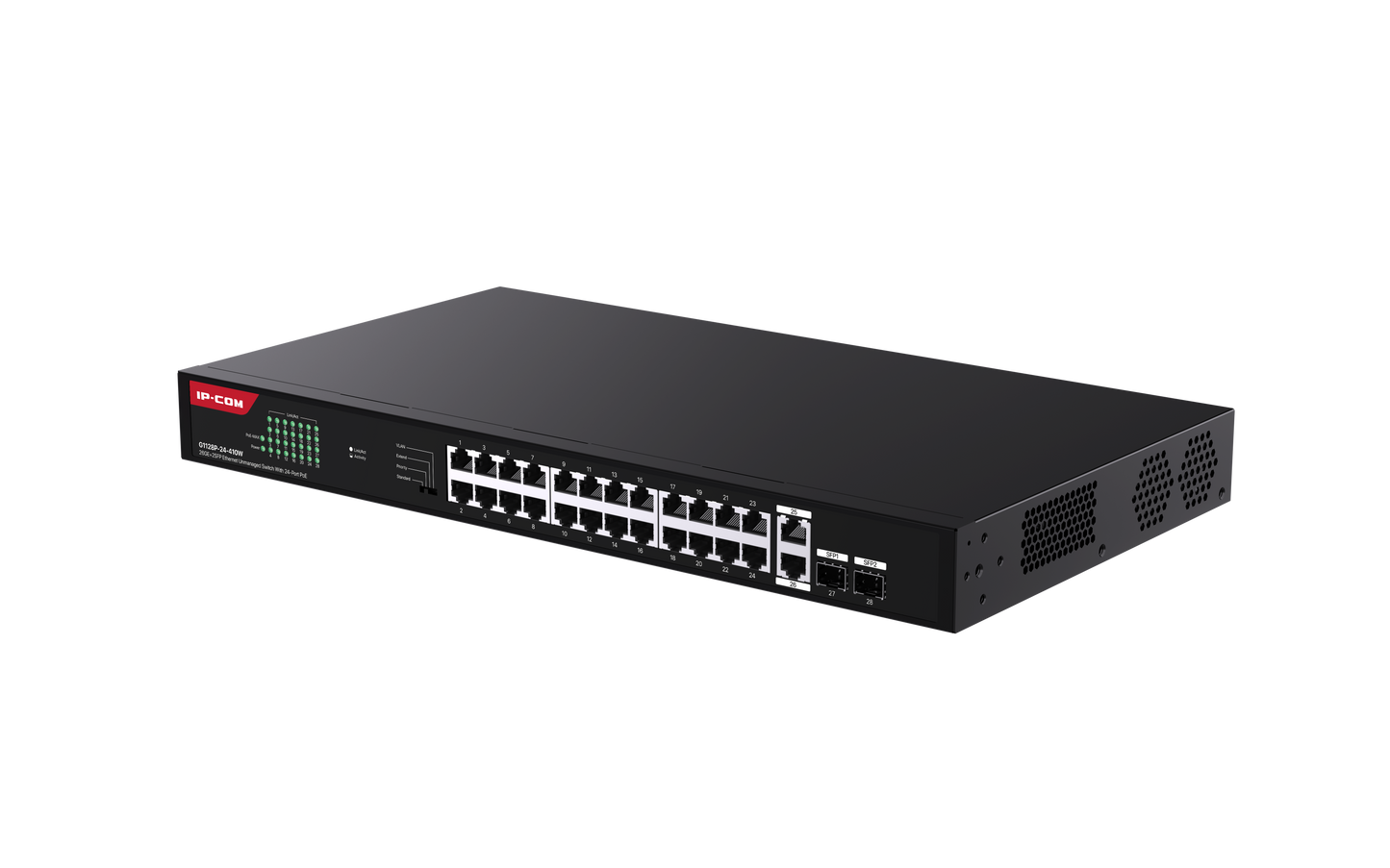 IP-COM 24 Port (28P) Gigabit Switch 370W PoE Budget 24x PoE+ Plus 2x 1G SFP/ Fibre Port 2x1G Uplink L2 Unmanaged Black 240VAC