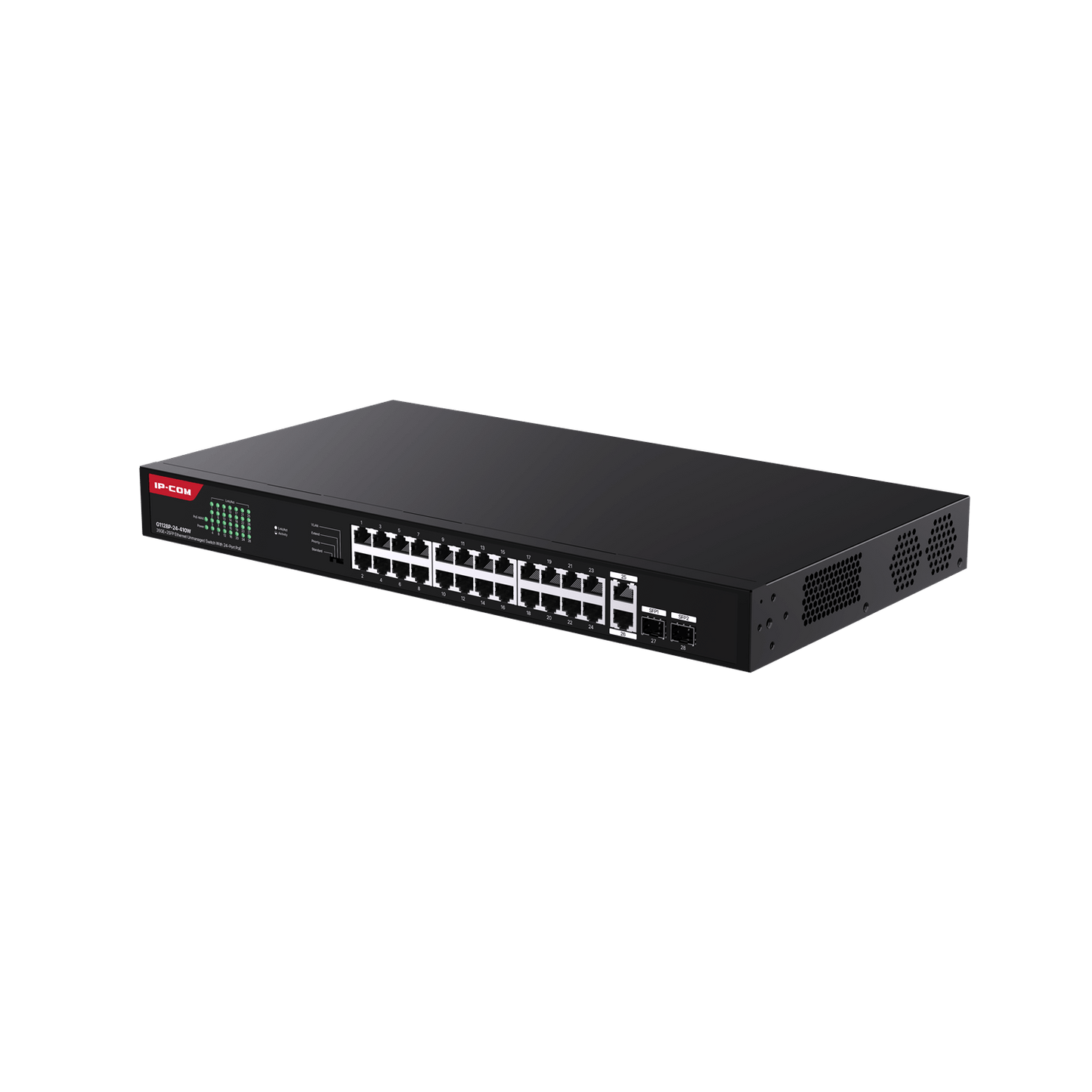 IP-COM 24 Port (28P) Gigabit Switch 370W PoE Budget 24x PoE+ Plus 2x 1G SFP/ Fibre Port 2x1G Uplink L2 Unmanaged Black 240VAC