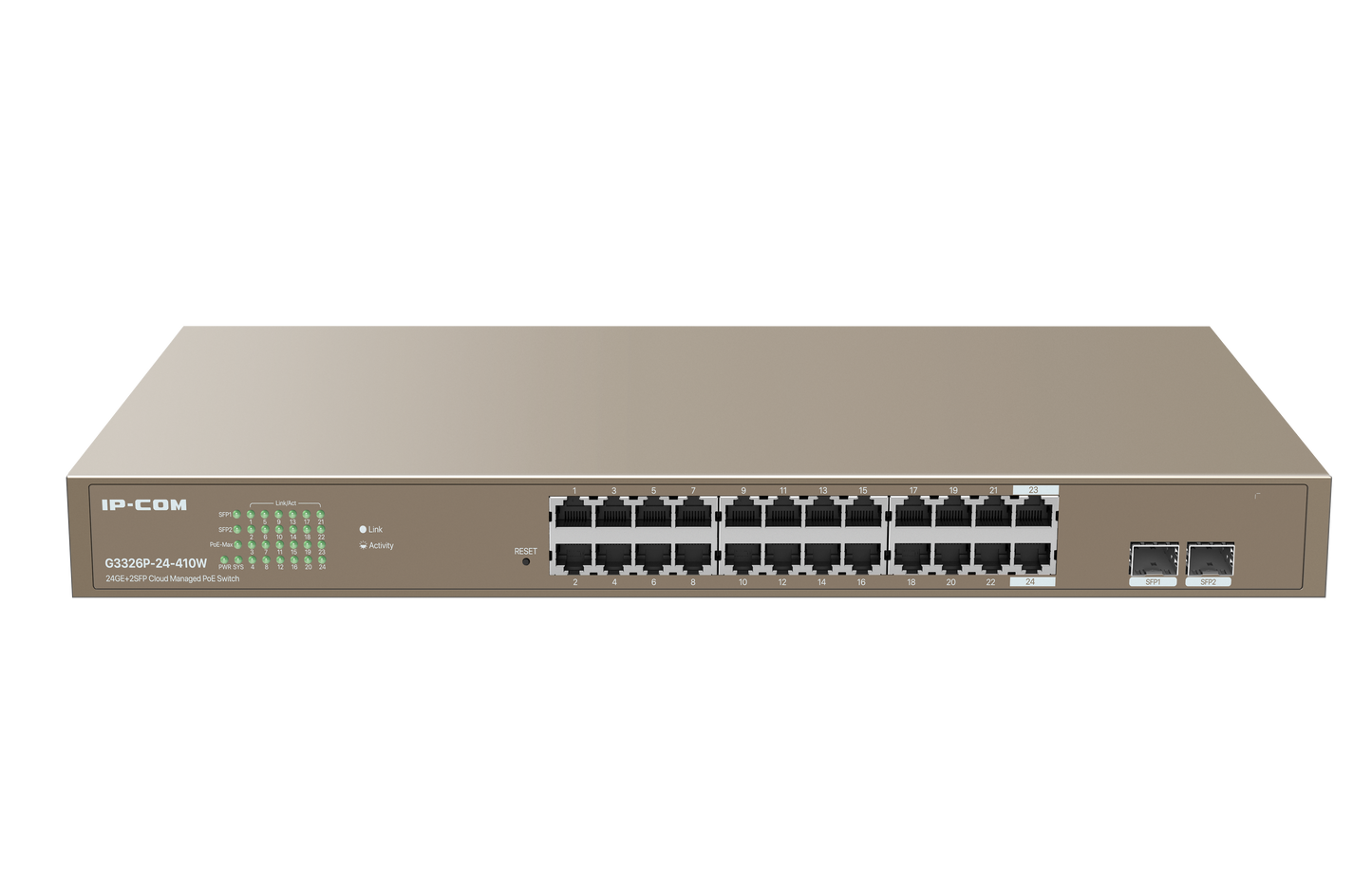 IP-COM 24 Port (26P) Gigabit Switch 370W PoE Budget 24x PoE+ Plus 2x 1G SFP/ Fibre Port L2 Cloud Managed Brown 240VAC
