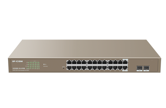 IP-COM 24 Port (26P) Gigabit Switch 370W PoE Budget 24x PoE+ Plus 2x 1G SFP/ Fibre Port L2 Cloud Managed Brown 240VAC