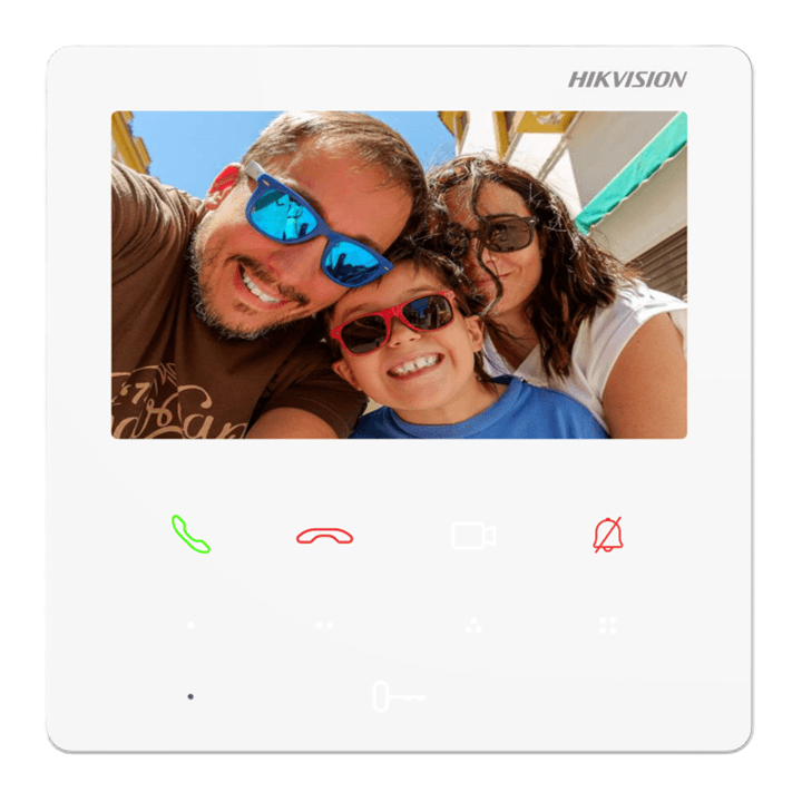 Hikvision 2nd Gen IP Intercom showing a family with sunglasses on the screen.
