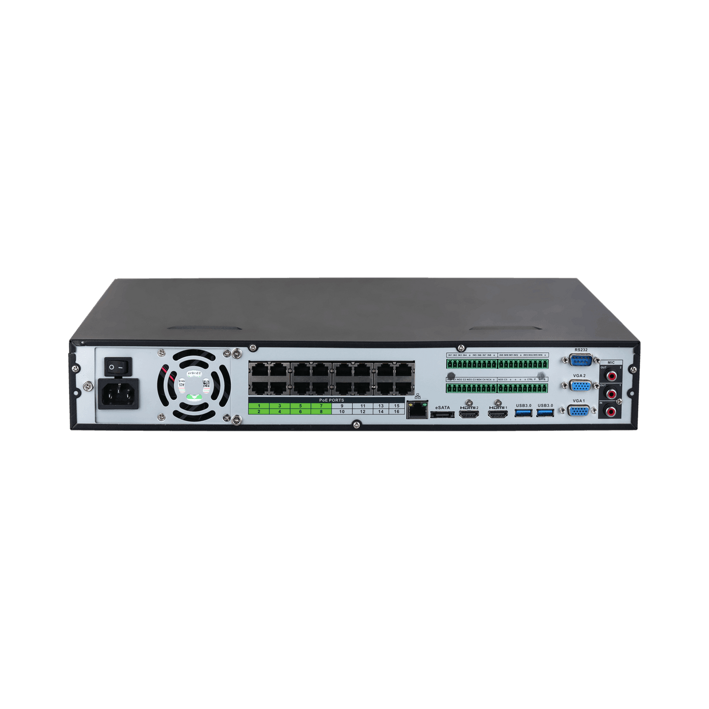 Dahua 32 Channel AI NVR, 1.5U 4HDDs 4K Wizsense Network Video Recorder 16 Port PoE - Back View
