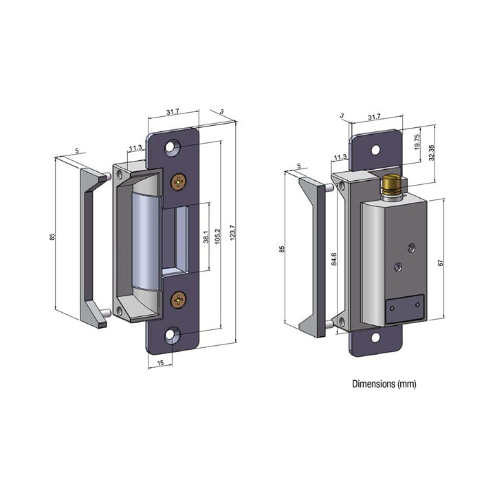 Electric Strike LOX ES10 technical drawing with dimensions in mm for installation design.