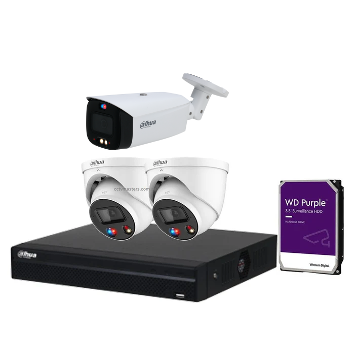 Dahua AI Active Deterrence 8MP Full-colour Camera Kit, 2 x Turret and 1 x Bullet, 4CH AI Smart 4.0 NVR Ultra 4K