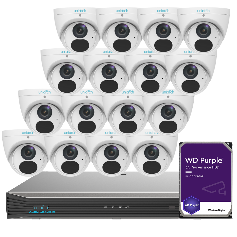Uniarch Starlight Camera Kit, 16 x 6MP Pro Series 16Ch NVR Ultra 4K, Powered By Uniview, HDD Optional