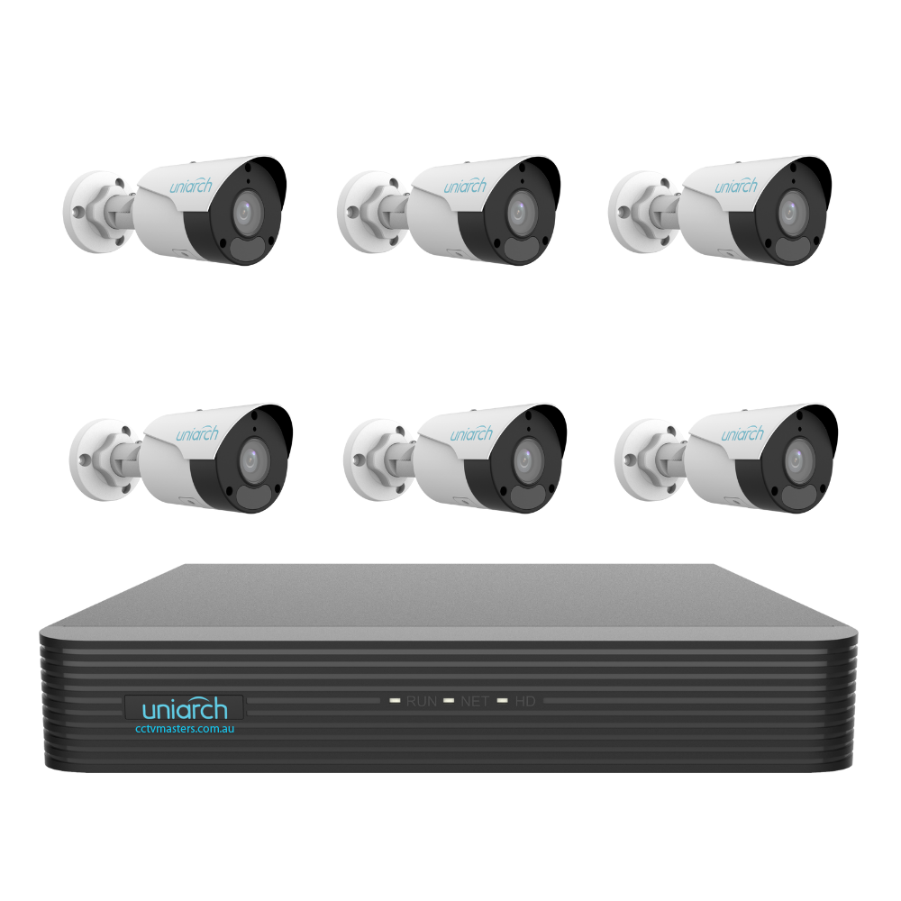 Uniarch Starlight Bullet Camera Kit, 6 x 6MP Pro Series 8Ch NVR Ultra 4K, Powered By Uniview, HDD Optional