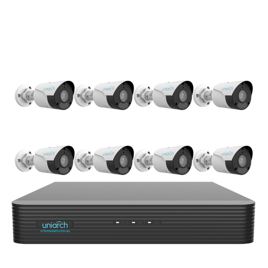 Uniarch Starlight Bullet Camera Kit, 8 x 6MP Pro Series 8Ch NVR Ultra 4K, Powered By Uniview, HDD Optional