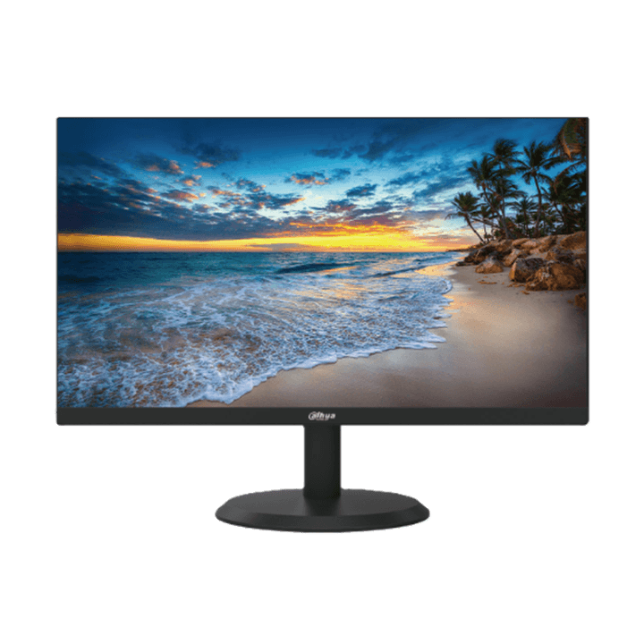 Dahua 22 inch FHD LED Monitor displaying a vibrant beach scene, ideal for home or office use, model DHI-LM22-H200.