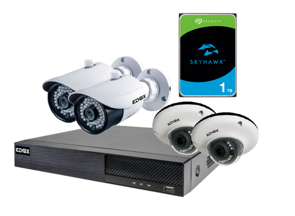 Elvox 4ch CCTV Kit Include 2x4mp dome camera, 2x5mp bullet camera, 4ch nvr 4xpoe + 1TB HDD Loaded
