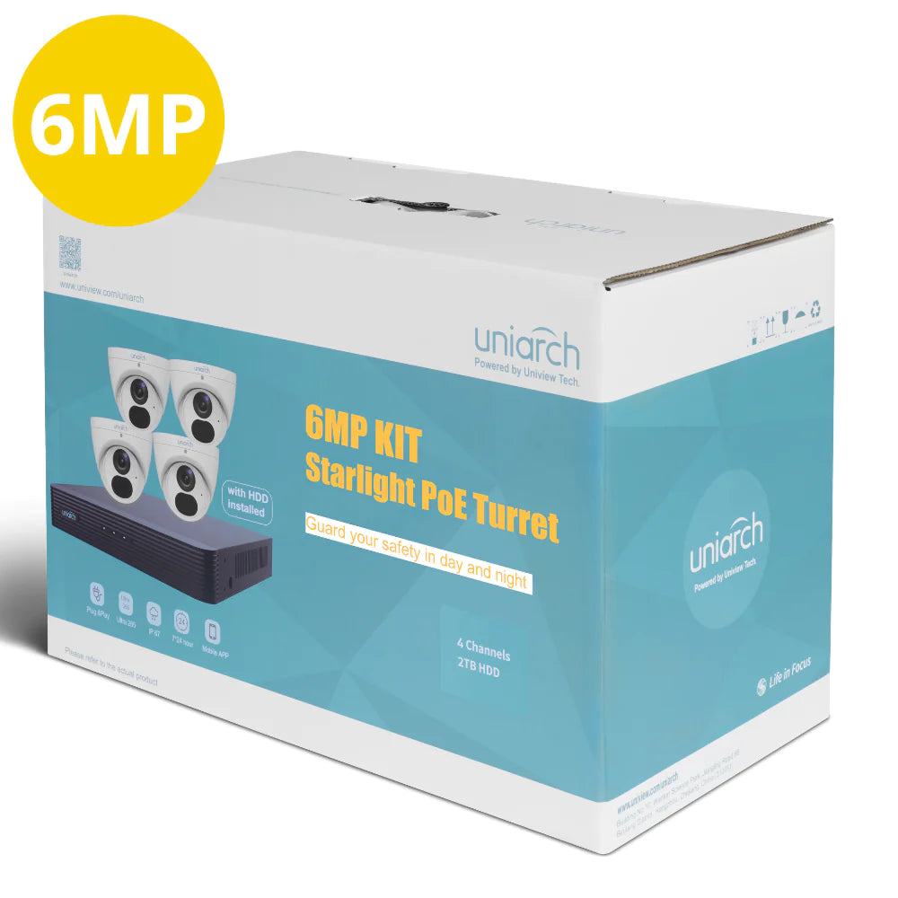 Uniarch Starlight Camera Kit, 4 x 6MP Pro Series 4Ch NVR-104X-P4 Ultra 4K, Powered by Uniview, 2TB