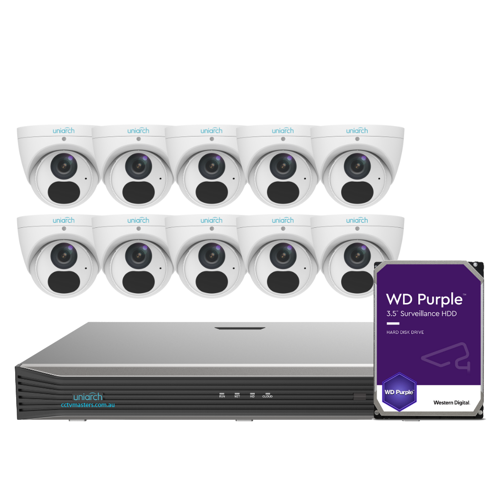 Uniarch Starlight Camera Kit, 10 x 4MP Pro Series 16Ch NVR Ultra 4K, Powered By Uniview, HDD Optional