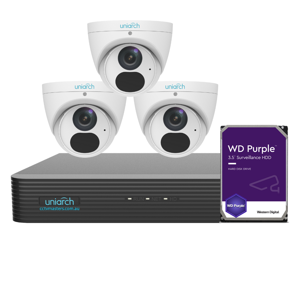 Uniarch Starlight Camera Kit, 3 x 4MP Pro Series 4Ch NVR Ultra 4K, Powered By Uniview, HDD Optional