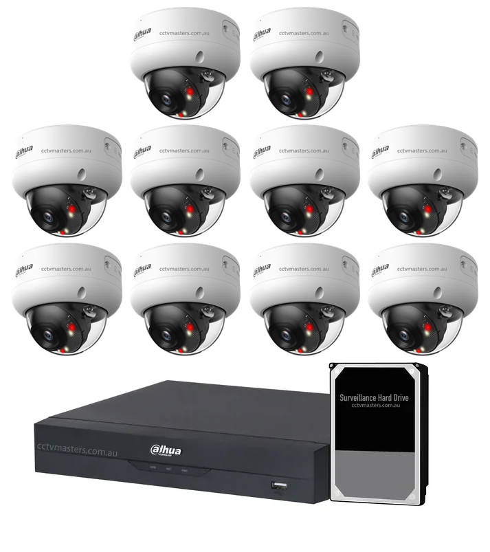 Dahua Accupick Camera Kit, 10 x 8MP with AI WizSense and WarmLight, includes 16CH NVR and surveillance hard drive.