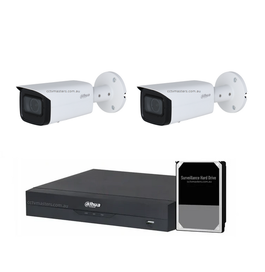 Dahua Vair-focal Camera Kit, 2 x 2MP Bullet WizSense Bundle 4CH AI Smart NVR, HDD Optional