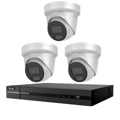 HiLook Pro 6MP Camera Kit showcasing 3 IPC-T561H-MU cameras and a 4CH 4K NVR for enhanced surveillance.