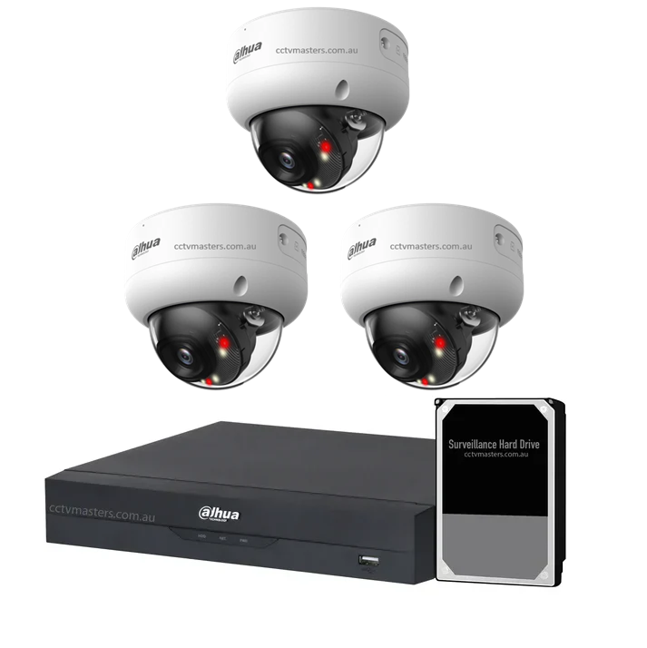 Dahua Accupick Camera Kit featuring 3 x 8MP AI WizSense cameras and 4CH AI NVR with surveillance hard drive.