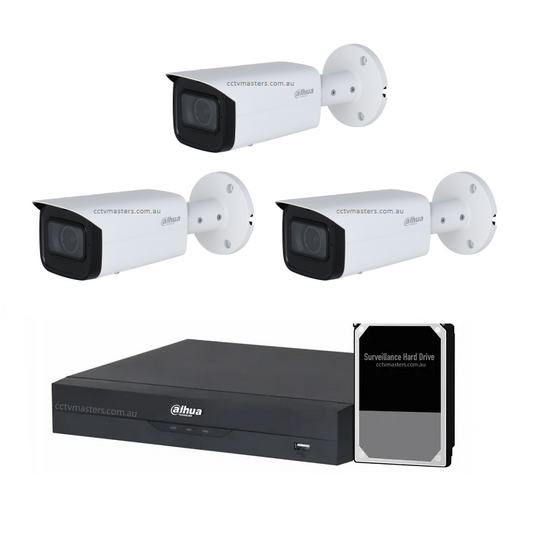 Dahua Vair-focal Camera Kit, 3 x 2MP Bullet WizSense Bundle 4CH AI Smart NVR, HDD Optional