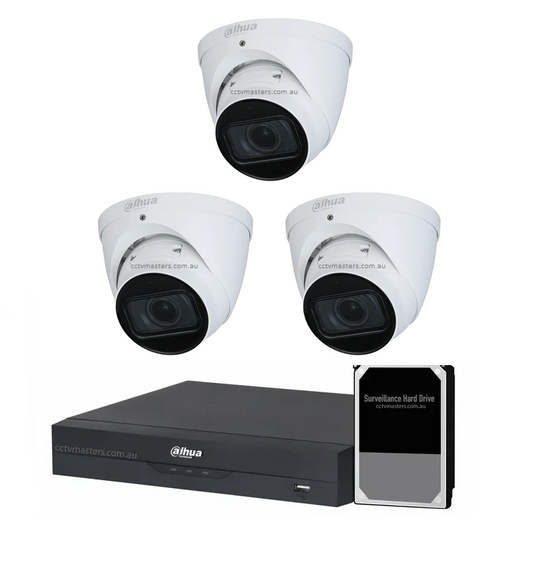 Dahua Vair-focal Camera Kit, 3 x 2MP Turret WizSense Bundle 4CH AI Smart NVR, HDD Optional