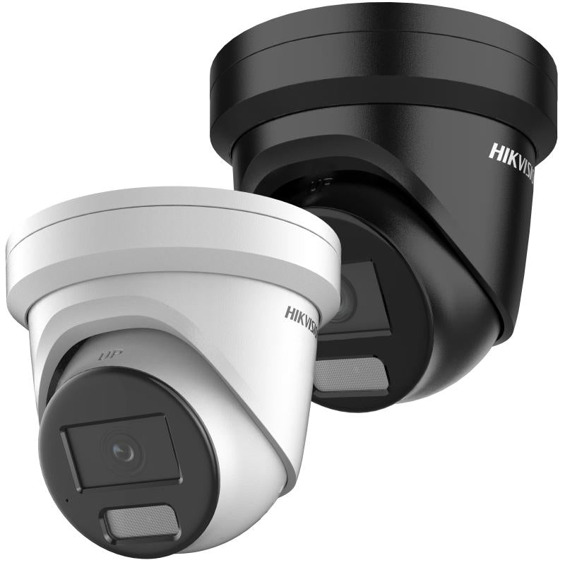 Hikvision 6MP Camera in black and white color options, showcasing a modern turret design for high-quality surveillance.