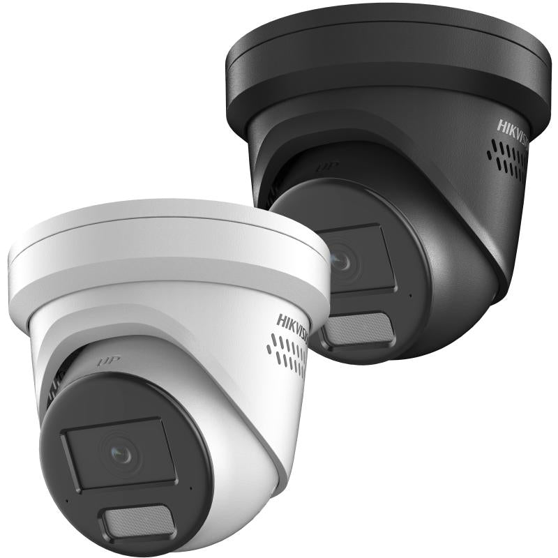 Hikvision 6MP AcuSense Camera in black and white colors, featuring strobe light and turret design, DS-2CD2366G2H-IS2U/SL.