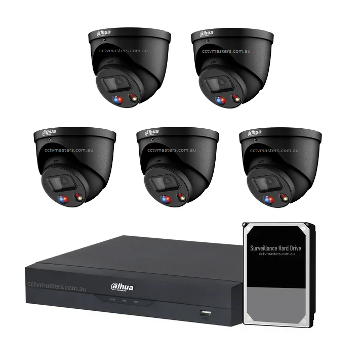 Dahua Active Deterrence Camera Kit, 5 x 8MP Full-colour 8CH AI Smart NVR Ultra 4K Black