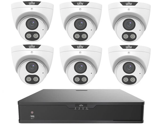 UNV Kit 6x6MP Smart Dual Light Turret Camera with 8Ch NVR, HDD Optional