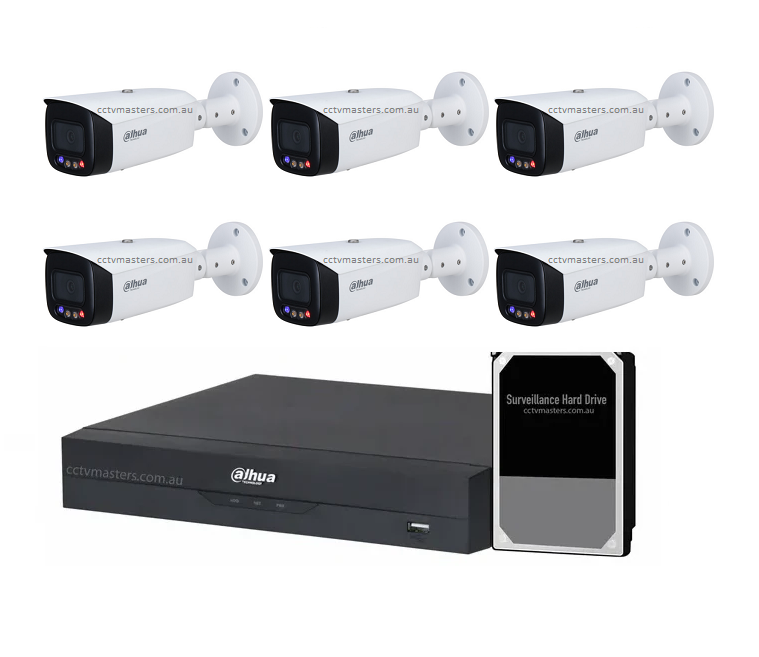 Dahua TiOC Camera Kit, Active Deterrence, 6 x 5MP Full-color Bullet Camera Version 1.0 Bundle 8CH AI Smart NVR, HDD Optional