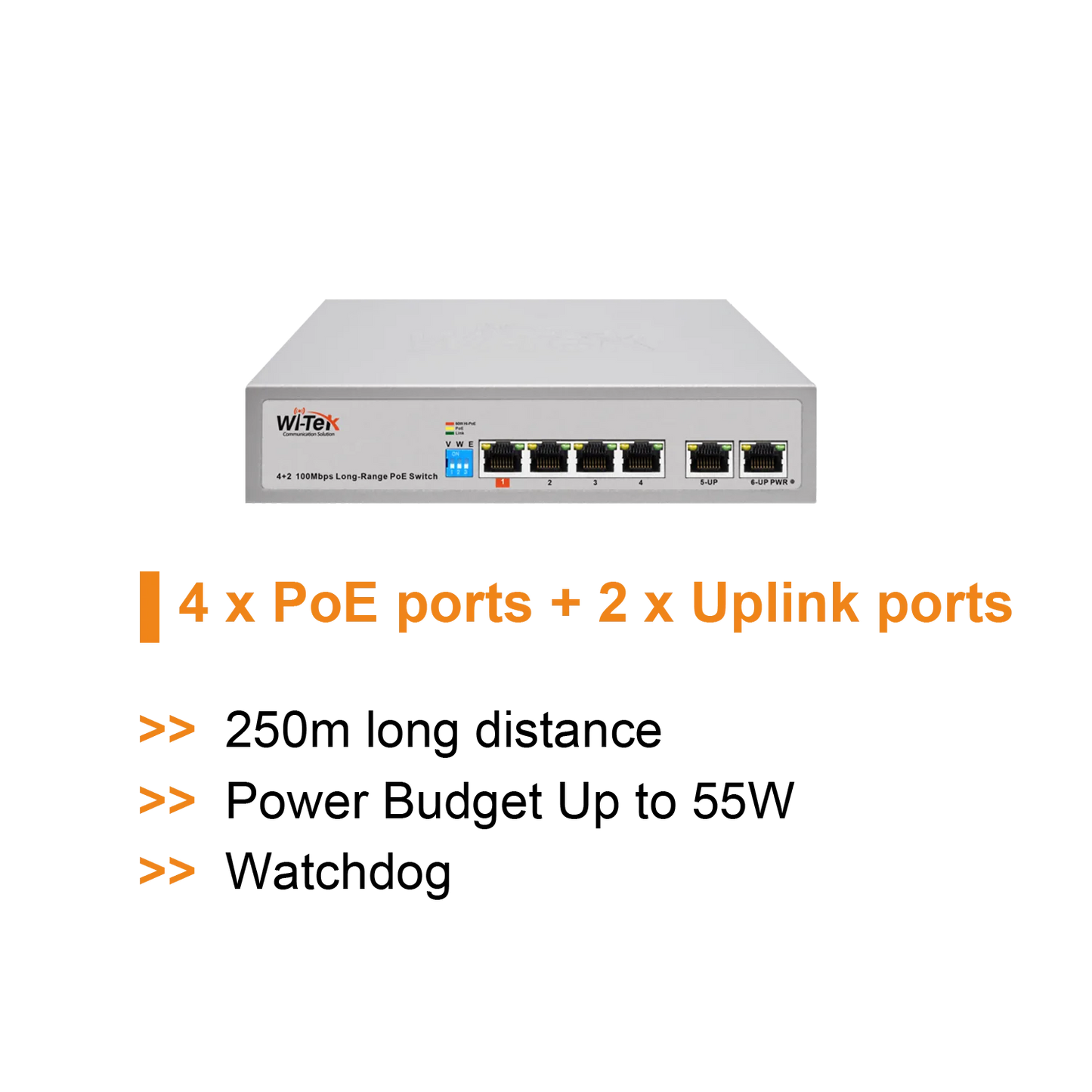 Wi-Tek 4FE + 2FE Uplink Ports 250M Long Range PoE Switch with 4PoE Port