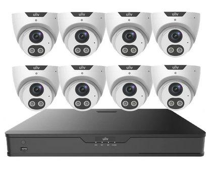 UNV Kit 8x6MP Smart Dual Light Turret Camera with 8Ch NVR, HDD Optional