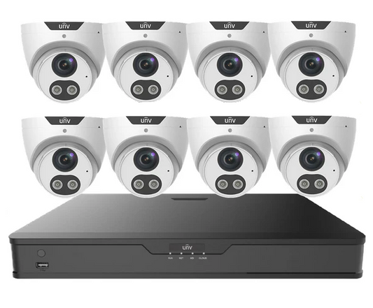 UNV Kit 8x6MP Smart Dual Light Turret Camera with 8Ch NVR, HDD Optional