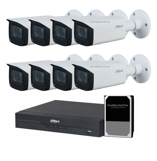 Dahua Vair-focal Camera Kit, 8 x 2MP Bullet WizSense Bundle 8CH AI Smart NVR, HDD Optional