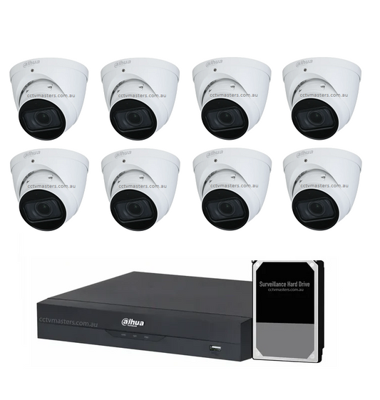 Dahua Vair-focal Camera Kit, 8 x 2MP Turret WizSense Bundle 8CH AI Smart NVR, HDD Optional