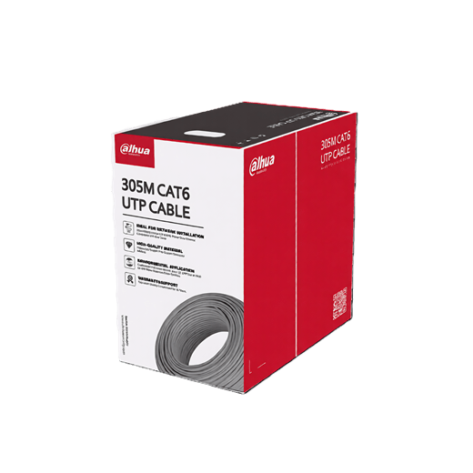 Dahua UTP CAT6 Cable 305M packaging showcasing specifications and features in red and white design.