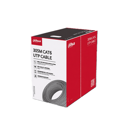 Dahua UTP CAT6 Cable 305M packaging showcasing specifications and features in red and white design.