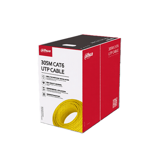 Dahua UTP CAT6 Cable 305M packaging in yellow and red, ideal for network installations.