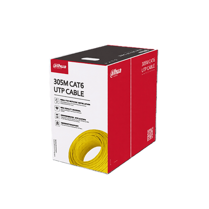 Dahua UTP CAT6 Cable 305M packaging in yellow and red, ideal for network installations.