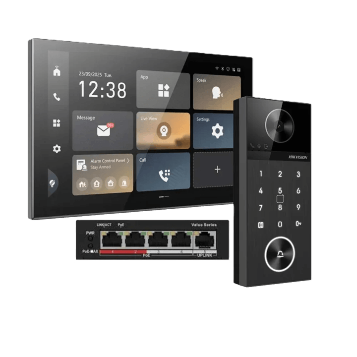 Hikvision DS-KH9570-WTE1/S 10.1" Android Video Intercom Kit with 4MP Door Station with Keypad + PoE Switch
