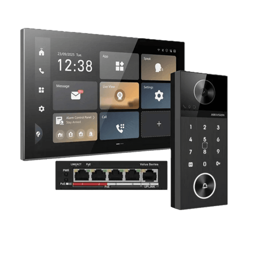 Hikvision DS-KH9570-WTE1/S 10.1" Android Video Intercom Kit with 4MP Door Station with Keypad + PoE Switch