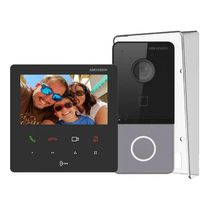 Hikvision Smartphone Wifi Intercom Kit featuring a video monitor and door station with family using the intercom.