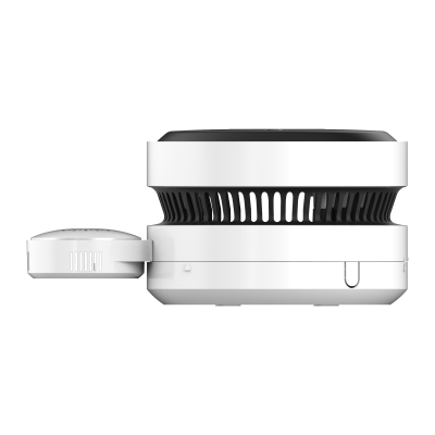Dahua 5MP IR AI-Fire Smoke Sensing Network Camera, DHI-HY-SAV849HA-ET side view showcasing design and features.