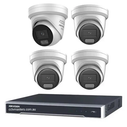 Hikvision Camera Kit, 3 x 8MP AcuSense, 1 x 8MP ColorVu Gen 3 Turret, 4Ch NVR HDD Optional